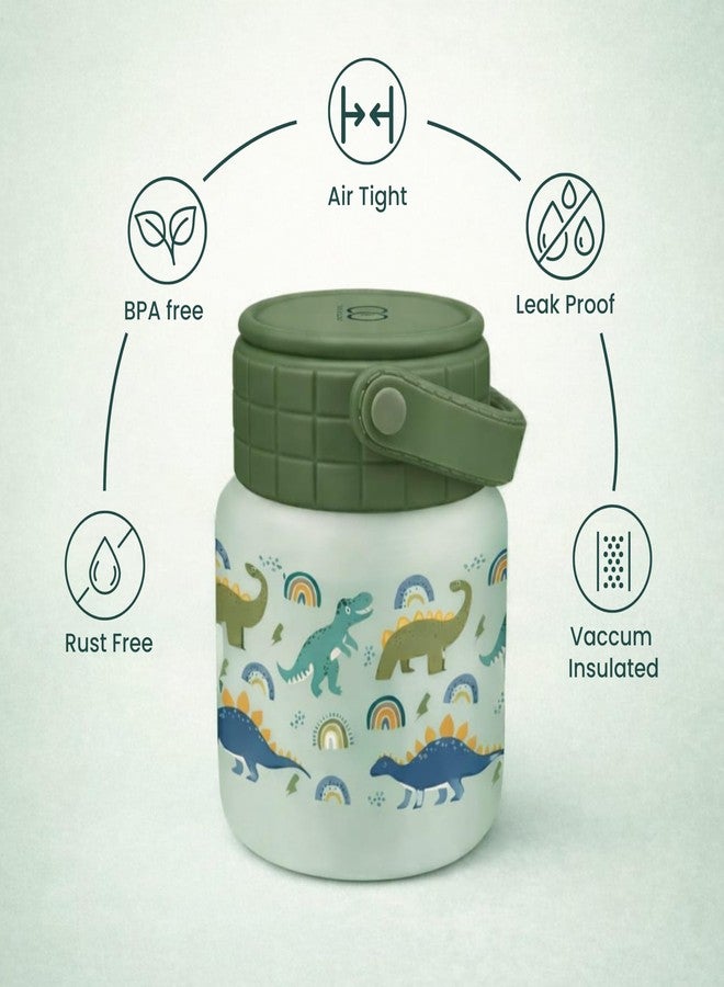 ONE AND ONLY مرطبان طعام فريد من نوعه مصنوع من الفولاذ المقاوم للصدأ، سعة 450 مل، معزول بتفريغ الهواء، ذو فوهة واسعة، مزود بغطاء محكم الإغلاق مانع للتسرب، وملعقة قابلة للطي مخفية، ومقبض من السيليكون، وقاعدة مانعة للانزلاق، بتصميم ديناصور أخضر. - Image 2